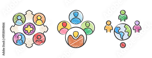 Diversity and inclusion icons symbolizing teamwork, global community, and interconnectedness.