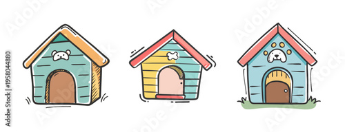 Cute dog houses with playful designs and colors in a hand-drawn style.