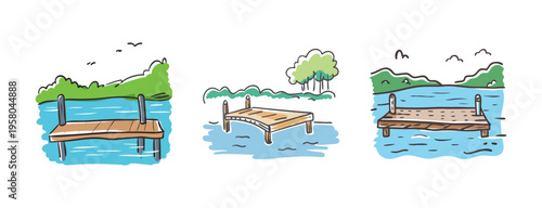 Wooden docks on a lake with trees and hills in a hand-drawn style.