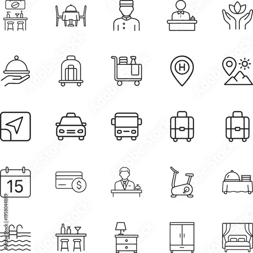 Hotel hospitality travel line vector icon set luggage concierge reception bed
