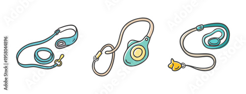 Hand drawn dog leash set, pet walking equipment icons, blue and yellow leash svg collection