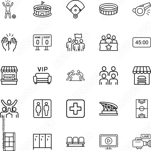Sports entertainment line icon set stadium baseball whistle ticket scoreboard