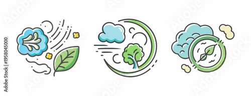 Clean air icons with wind, clouds, leaves, and trees, representing fresh atmosphere