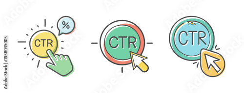 Click-through rate CTR icons with cursor, finger, and percentage, for digital marketing