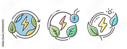 Clean energy icons with lightning bolt, leaves, and globe, representing renewable power