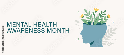 A human head silhouette with flowers blooming from the mind, mental health inner growth and emotional healing wellness concept flat vector illustration banner. Mental and Psychological well-being conc