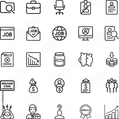 Unemployment financial crisis line vector icon set job bills welfare piggy bank stress