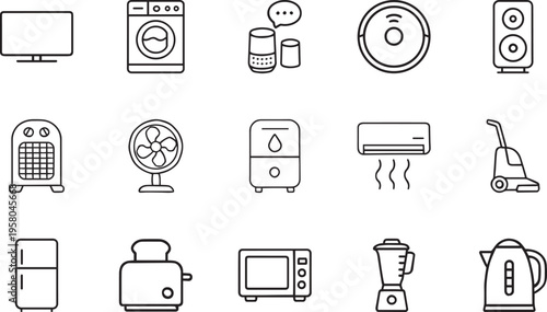 Home appliances line vector icon set TV washing machine refrigerator microwave