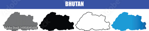 Bhutan map vector outline with cities isolated on transparent background grid in four different styles for your design projects