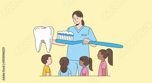 Dentist teaching children about dental hygiene with toothbrush and tooth.