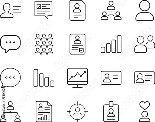 Business management line vector icon set user profile document chart group