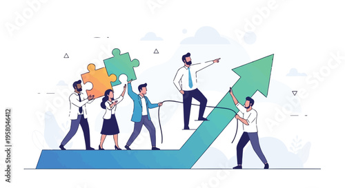 Vector illustration of a successful business team and crowd of people silhouettes standing together as a concept of finance and teamwork in the city