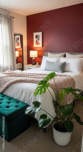 Cozy Bedroom Retreat With Rich Wall Color And Plush Furnishings