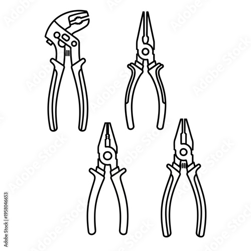 Essential pliers set outline vector illustration, depicting versatile hand tools like long-nose, water pump, and cutting pliers for maintenance, repair, and construction projects