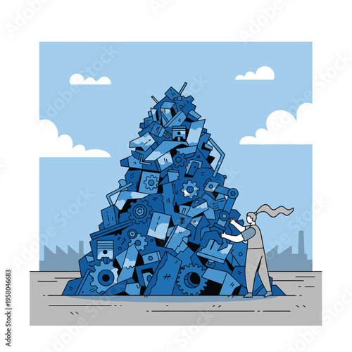 Giant Pile of Blue Electronic Waste with Person.