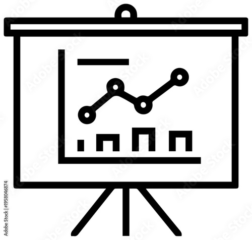 Minimalist outline icon of a startup funding pitch deck on an easel with a line graph