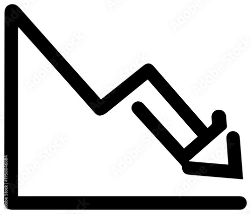 Simple black line art icon of a downward trending graph chart with a falling arrow