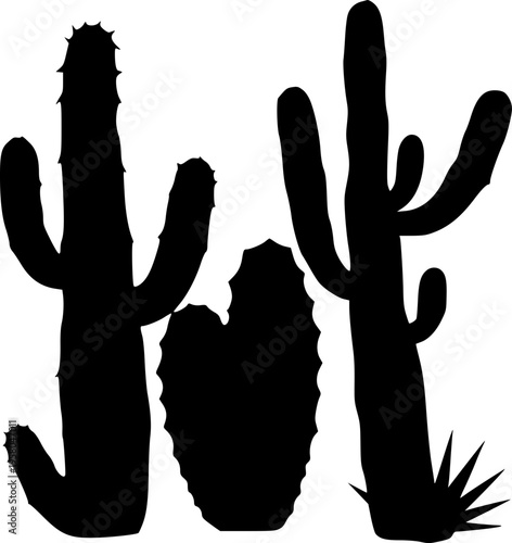 Black cactus silhouettes, diverse shapes and sizes, isolated on white background. Ideal for wallpaper, wrapping paper, textile prints .Black silhouette of a cactus plant.