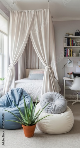 Cozy Bedroom Sanctuary With Canopy Bed And Comfortable Seating Arrangements