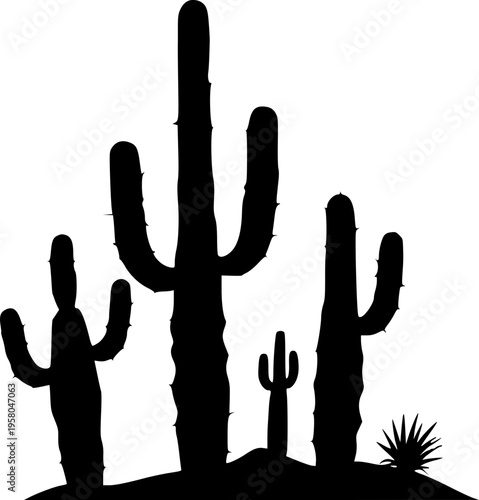 Black cactus silhouettes, diverse shapes and sizes, isolated on white background. Ideal for wallpaper, wrapping paper, textile prints .Black silhouette of a cactus plant.