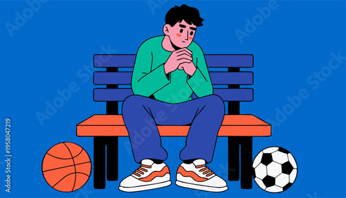Man Deep In Thought On Park Bench, Sports Balls Foreground