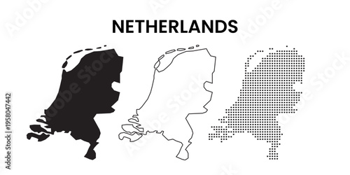 Netherlands Map Set Silhouette Outline and Dotted Vector Illustration