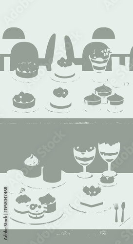 Artistic Flat Illustration Showcasing a Delightful Array of Desserts and Sweet Beverages for Modern Patisserie Design