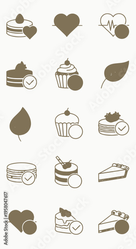 Diverse Collection of Sweet Baked Treats and Wellness Icons Representing Culinary Delights and Healthy Lifestyle Choices