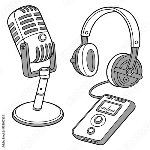 A microphone, headphones and a portable music player