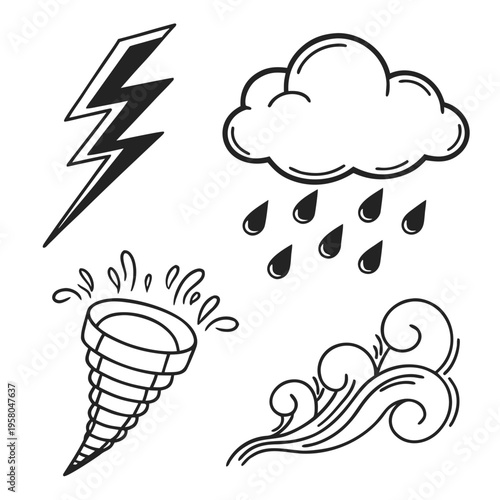 Weather icons including storm cloud with rain, lightning, tornado, and wind