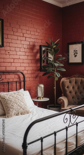 Cozy Bedroom With Rustic Brick Walls And Vintage Furniture Ambiance