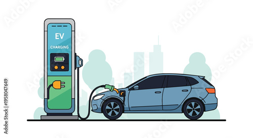 A silver automobile drives fast through the city under a blue sky near a red traffic light and transport sign on the street road