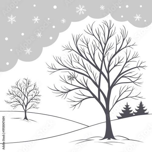 A black and white drawing of a snowy landscape with trees