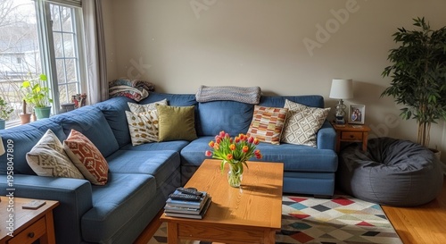 Cozy Blue Sectional Sofa Arrangement For Modern Living Room Interior Design