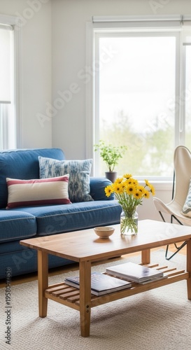 Cozy Blue Sofa And Wooden Coffee Table In Bright Living Room With Yellow Flowers