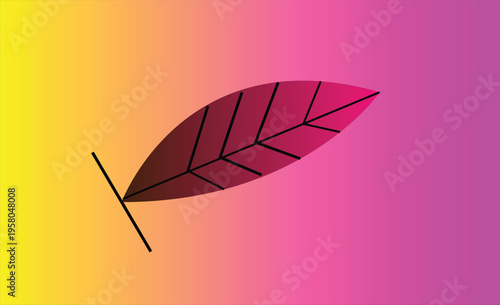 The image showcases a striking composition featuring a single maroon-colored leaf prominently displayed against a vibrant gradient background. The gradient transitions smoothly from yellow at the top 