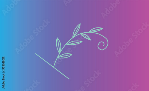 The image features a light-blue line art illustration of a plant stem adorned with several leaves, set against a vibrant gradient background. The background transitions from a soft light blue on the l