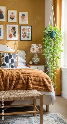 Cozy Bohemian Bedroom Oasis with Hanging Plants and Warm Earth Tones