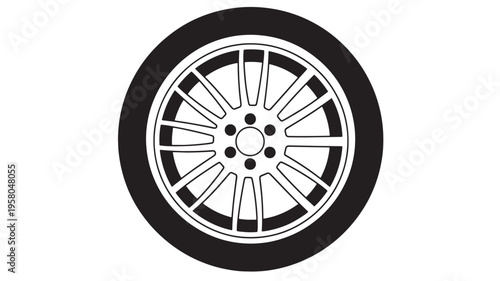 Car wheel with detailed spokes and a black tire isolated on a white background, automotive component illustration.