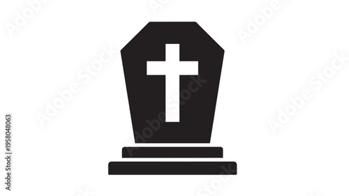 Coffin icon with a Christian cross, representing death, mourning, and funeral services. featuring symbol, grief, burial with tomb and cemetery