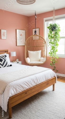 Cozy Bohemian Bedroom Retreat With Hanging Chair And Lush Greenery
