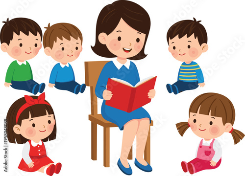 Teacher Reading Book to Cute Kids Sitting Around in Classroom Cartoon Vector Illustration