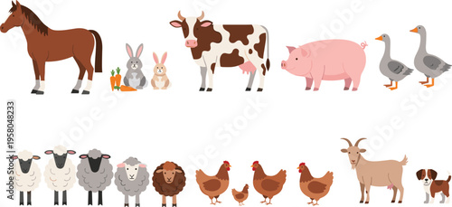 Farm Animal Collection with Horse, Cow, Pig, Sheep, Rabbit, and More in Fun Cartoon Style
