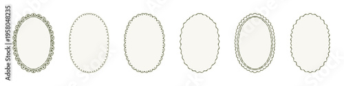 Set of simple oval line frames. Decorative lace borders elements for invitations and greeting cards. Outline vector illustration collection isolated on white background