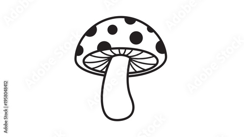 Mushroom icon with black polka dots and stylized cap and stem on a white background for graphic design purposes.