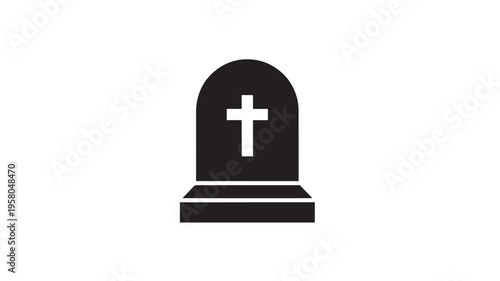 Tombstone icon with cross symbol, representing death, cemetery, and remembrance in a simple black silhouette.