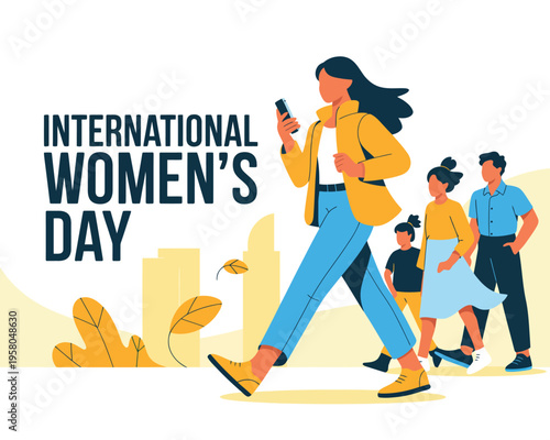 A vibrant illustration celebrating International Women's Day with a diverse group of people walking together