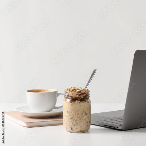 Overnight Oats with Coffee and Laptop