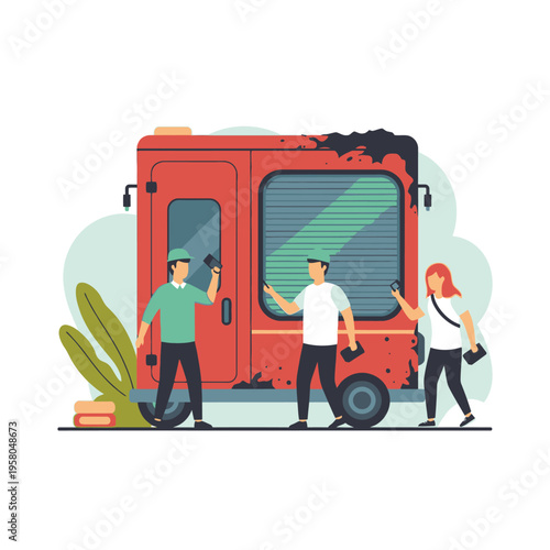 Graffiti artists painting a van with spray cans.