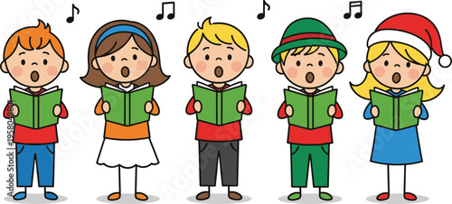 Cartoon Kids Singing Christmas Carols, Holiday Cheer with Santa Hats, Fun Festive Illustration for the Holiday Season